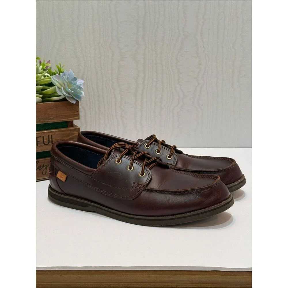 Timberland OrthoLite Classic Brown 3-Eye Leather Boat Shoes Men’s Sz 9.5